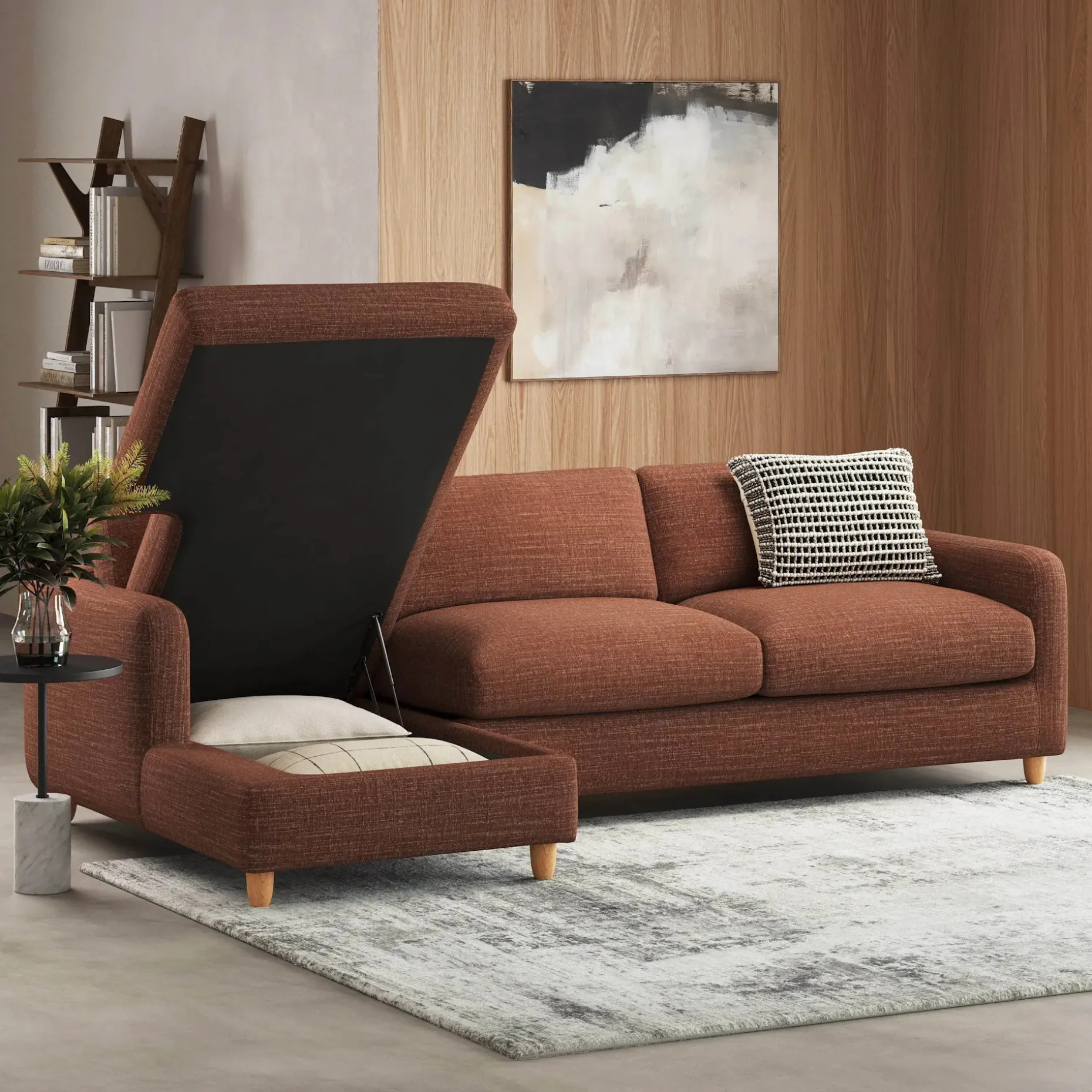 Vati 114" Left Storage Sleeper Sectional - Natural Oak and Napa Rust