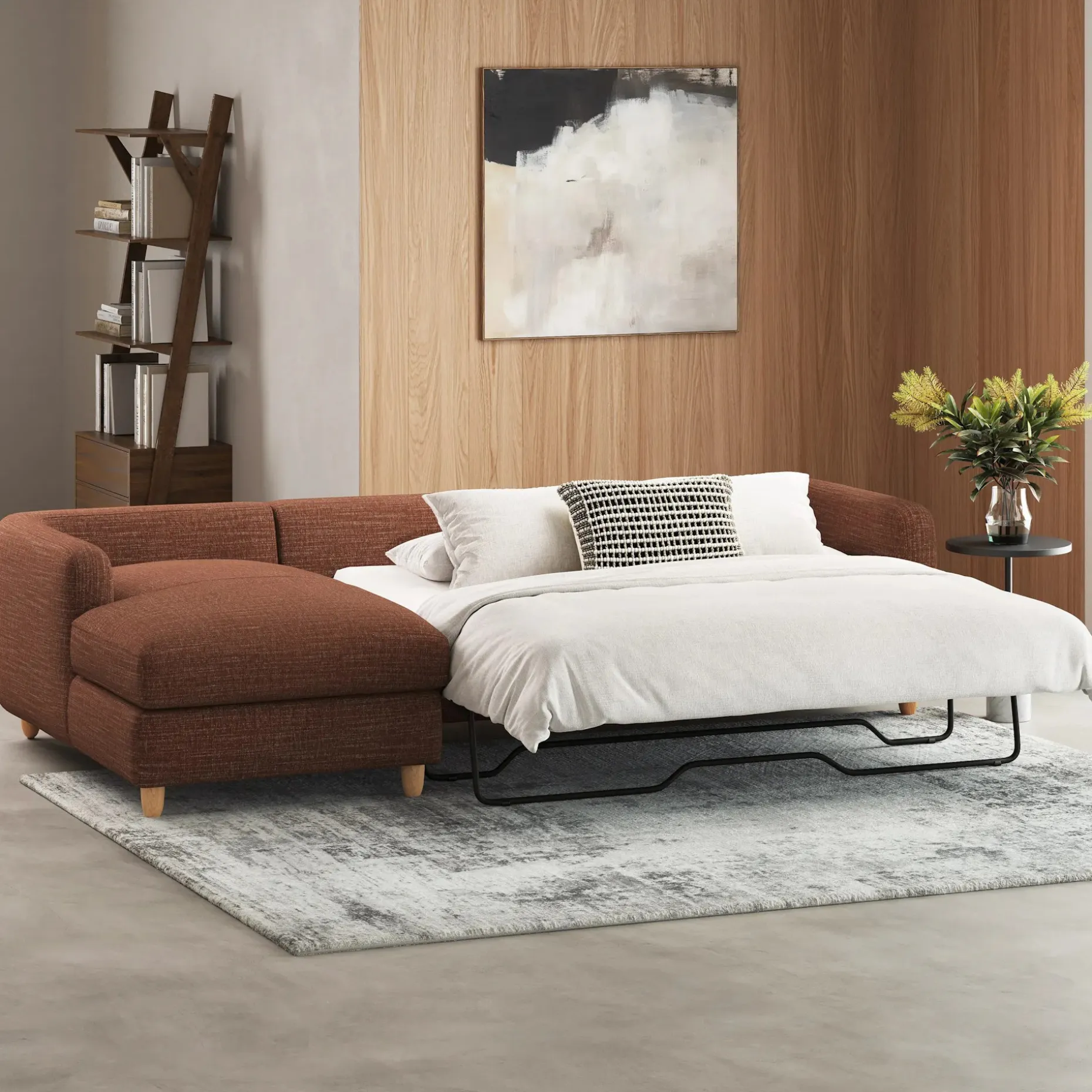 Vati 114" Left Storage Sleeper Sectional - Natural Oak and Napa Rust