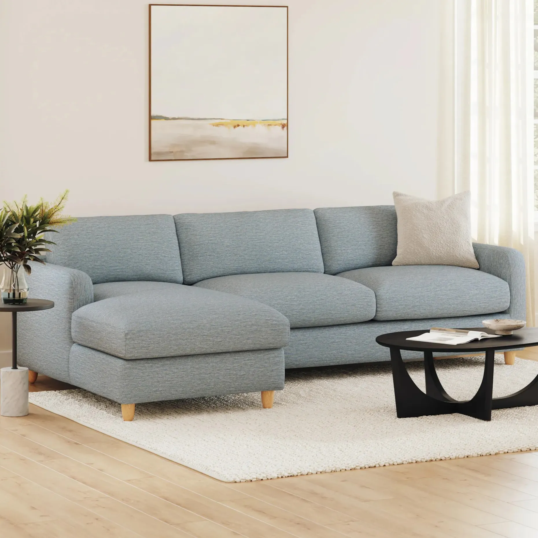 Vati 114" Left Storage Sleeper Sectional - Natural Oak and Silver Light Blue