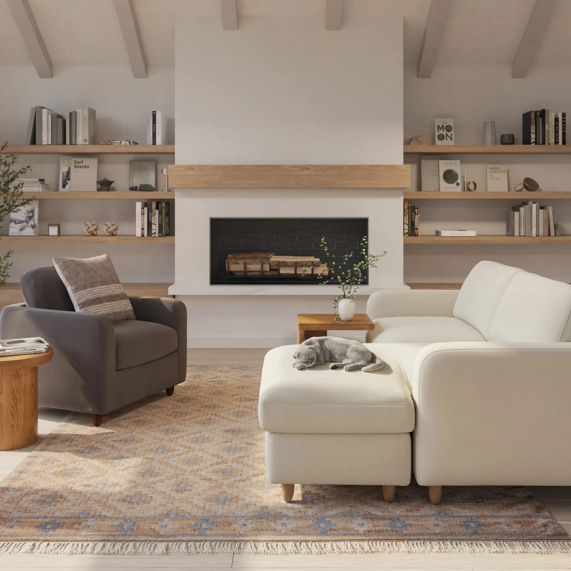 Vati 80" Right Storage Sectional - Natural Oak and Buckler Ivory
