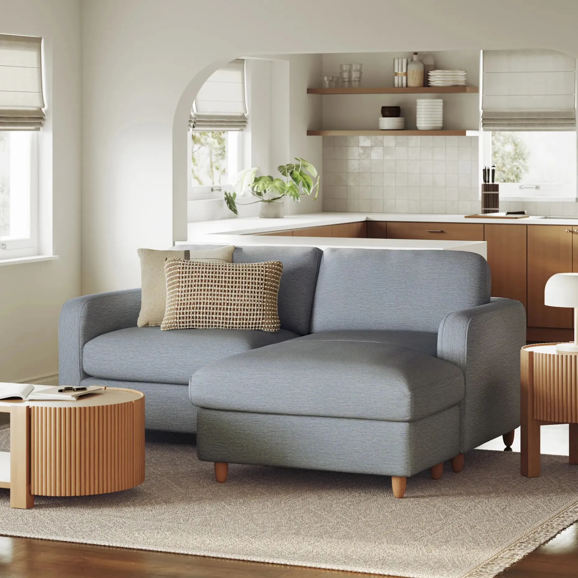 Vati 80" Right Storage Sectional - Natural Oak and Silver Light Blue
