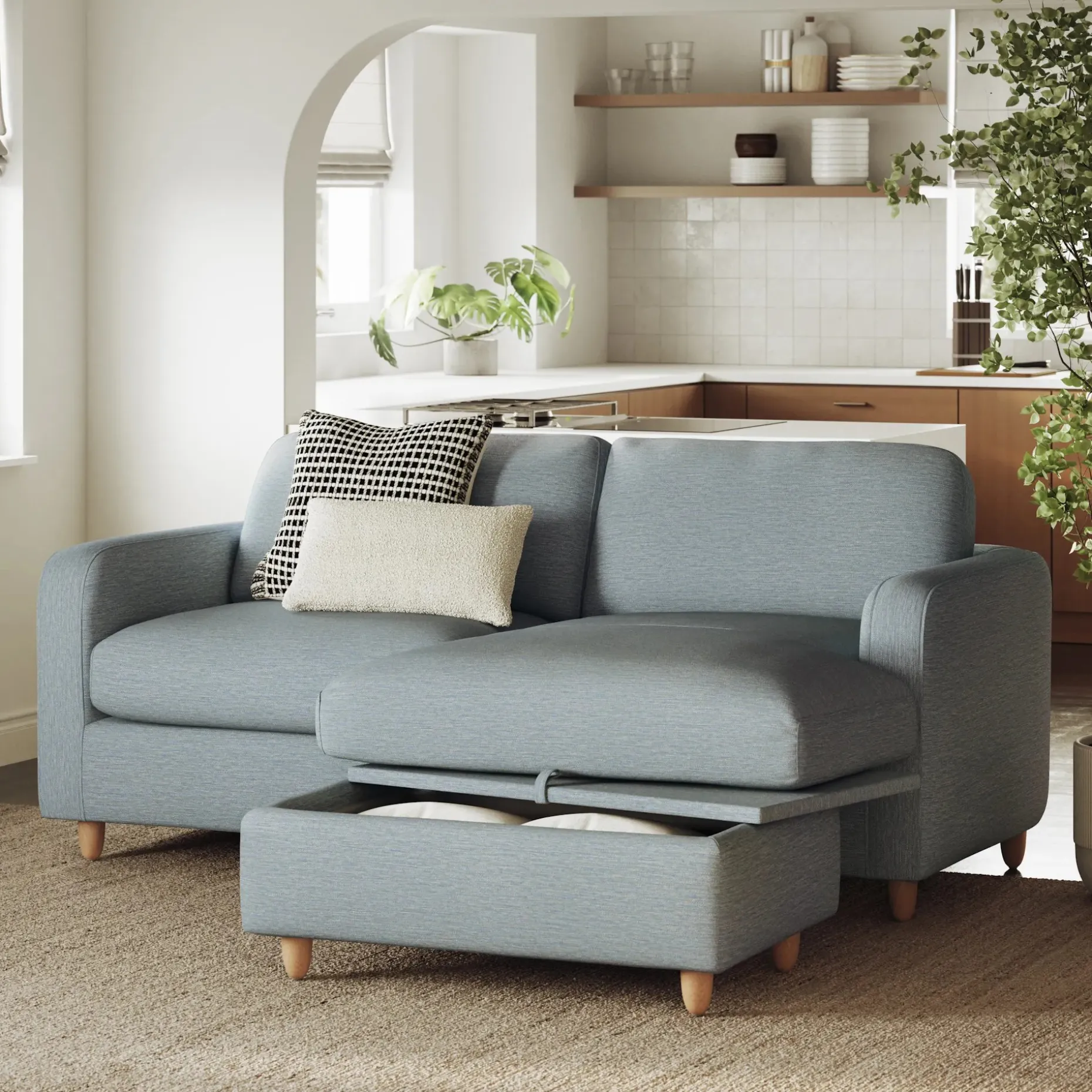 Vati 80" Right Storage Sectional - Natural Oak and Silver Light Blue