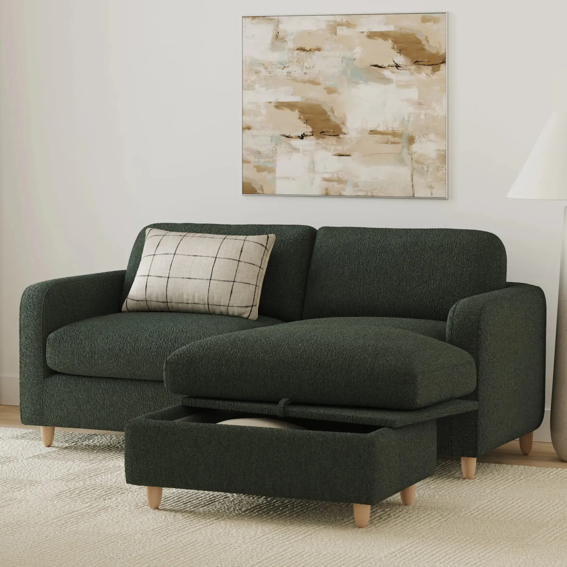Vati 80" Right Storage Sectional - Natural Oak and Green Wool Bouclé