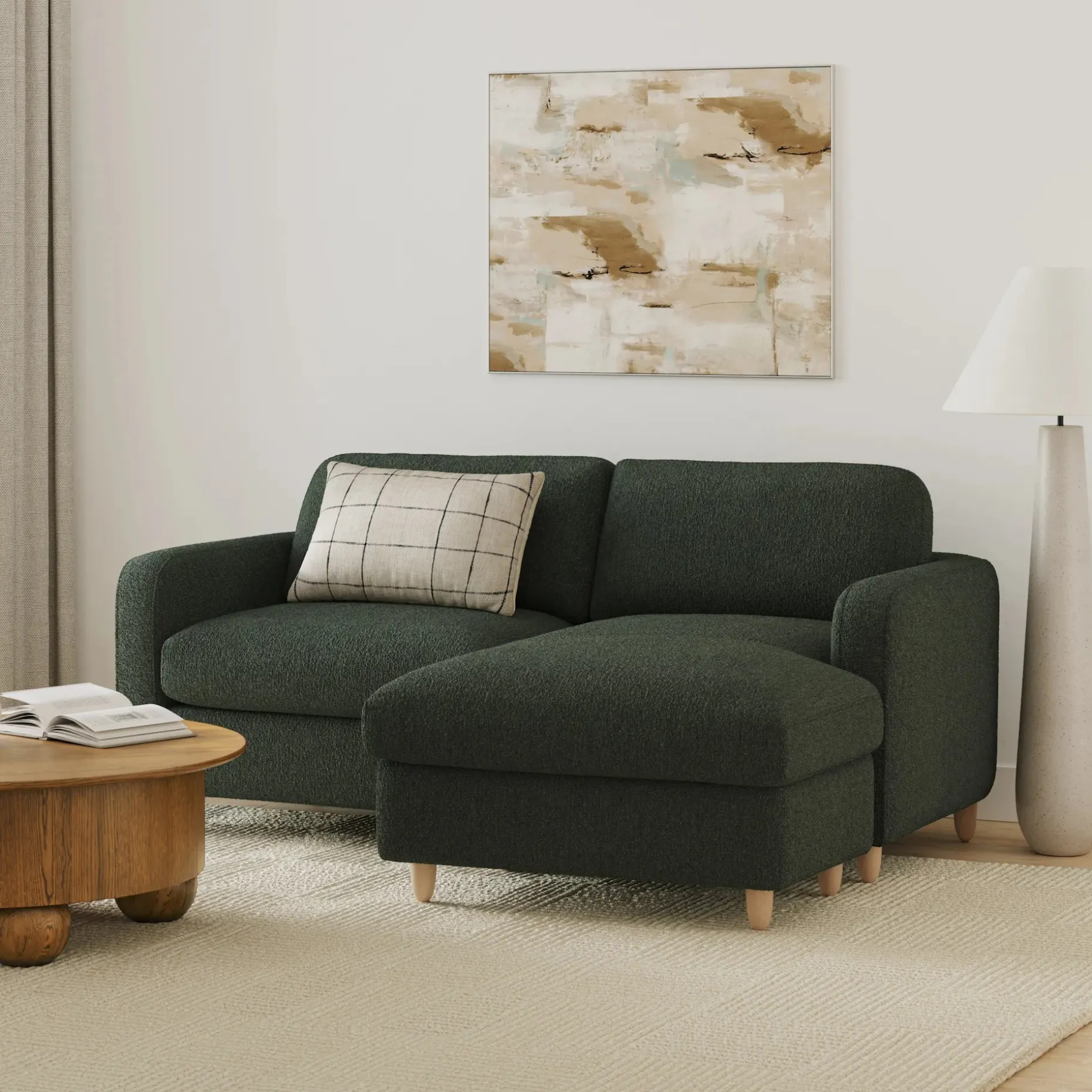 Vati 80" Right Storage Sectional - Natural Oak and Green Wool Bouclé