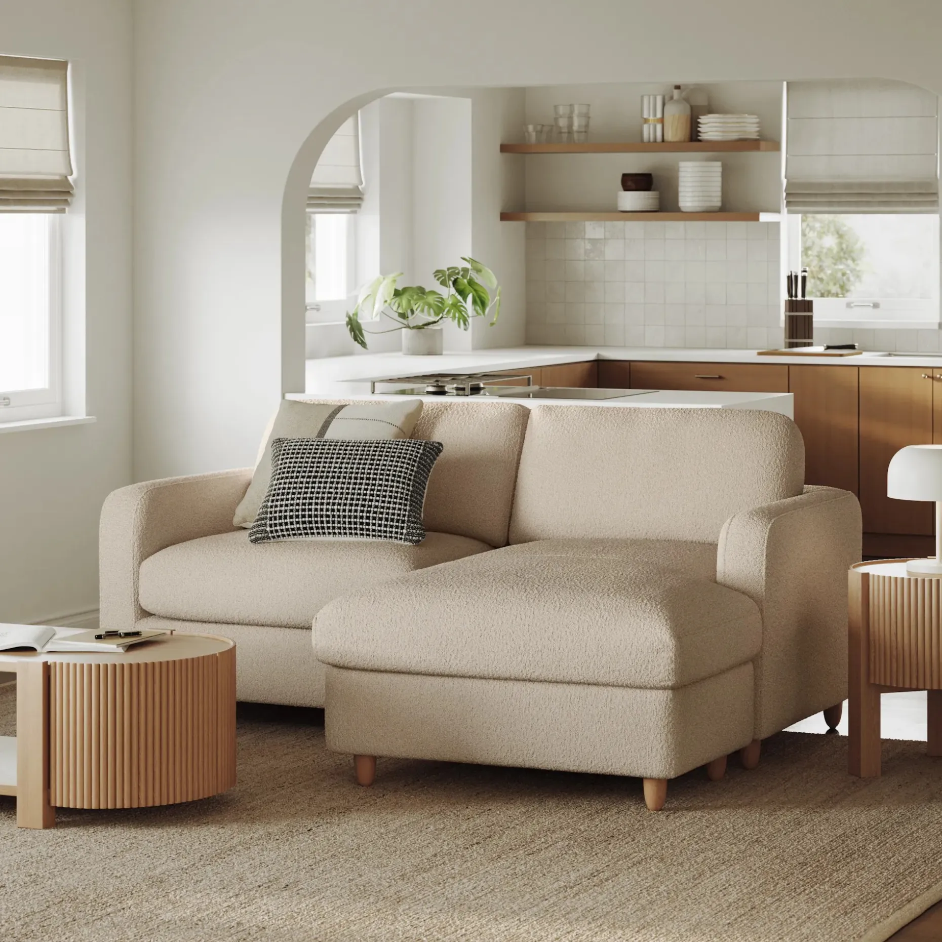 Vati 80" Right Storage Sectional - Natural Oak and Ivory Wool Bouclé