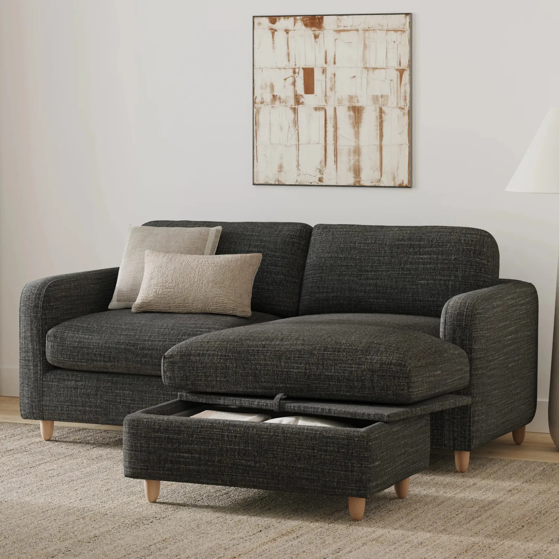 Vati 80" Right Storage Sectional - Natural Oak and Napa Charcoal
