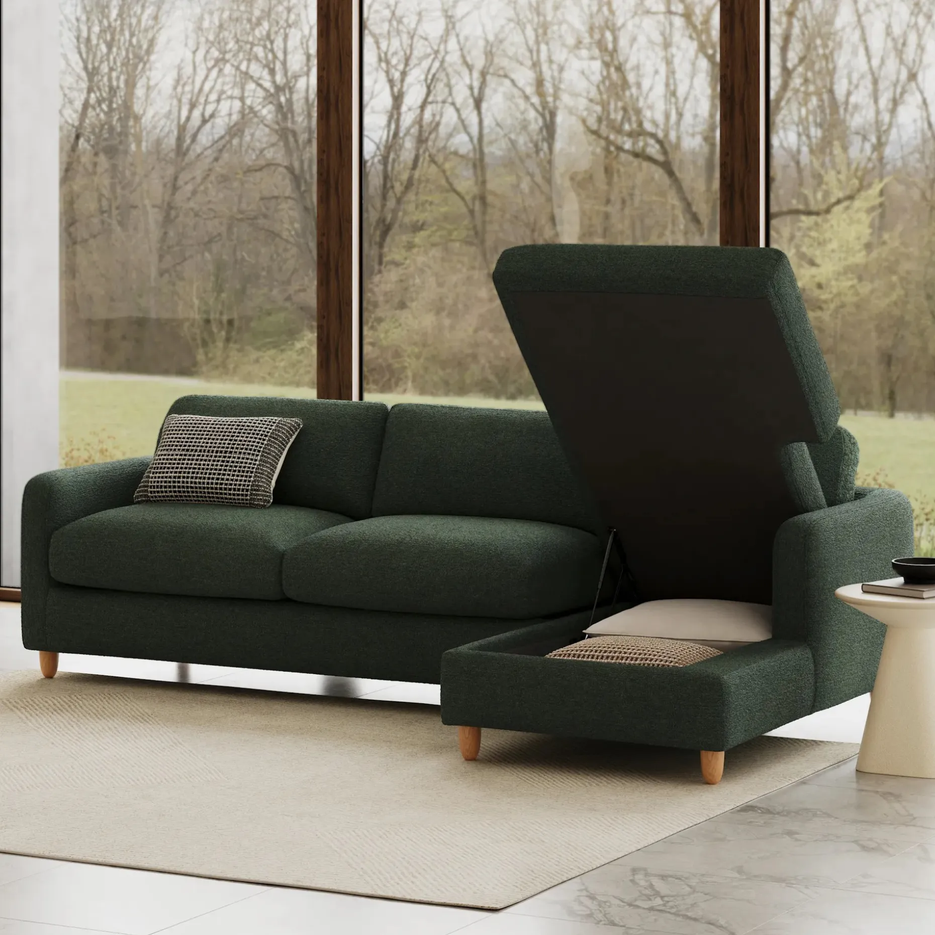 Vati 114" Right Storage Sleeper Sectional - Natural Oak and Green Wool Bouclé