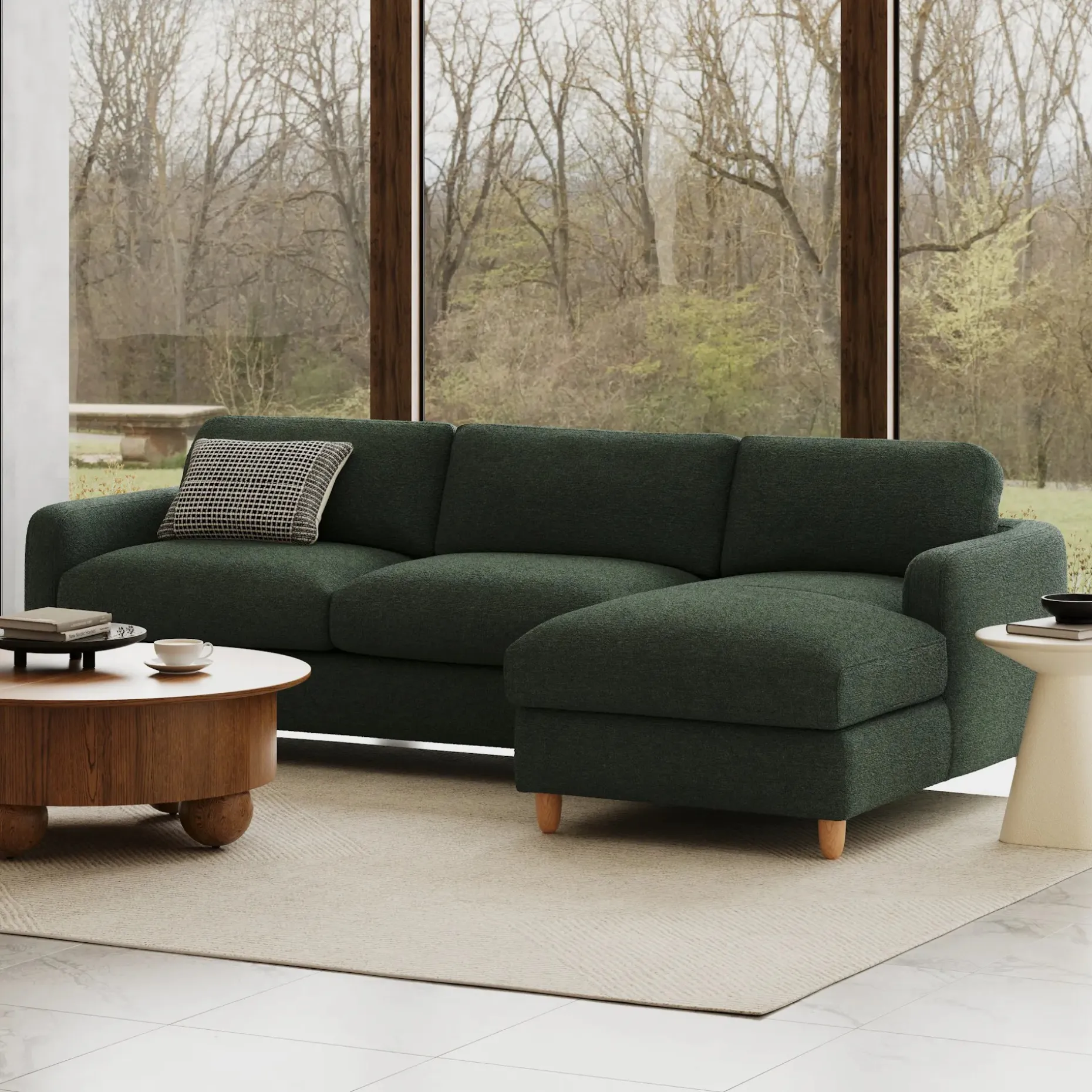Vati 114" Right Storage Sleeper Sectional - Natural Oak and Green Wool Bouclé
