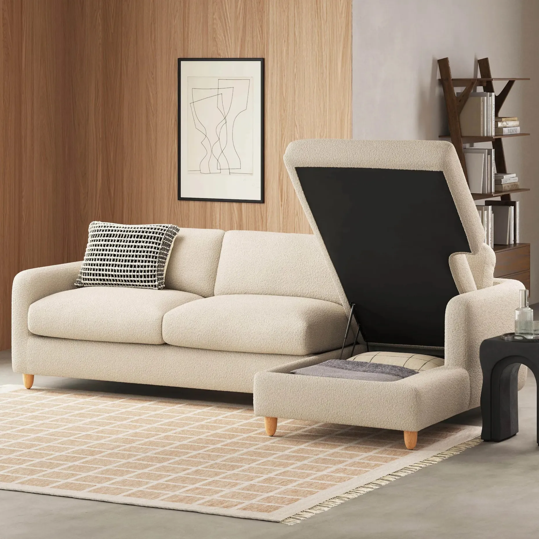 Vati 114" Right Storage Sleeper Sectional - Natural Oak and Ivory Wool Bouclé
