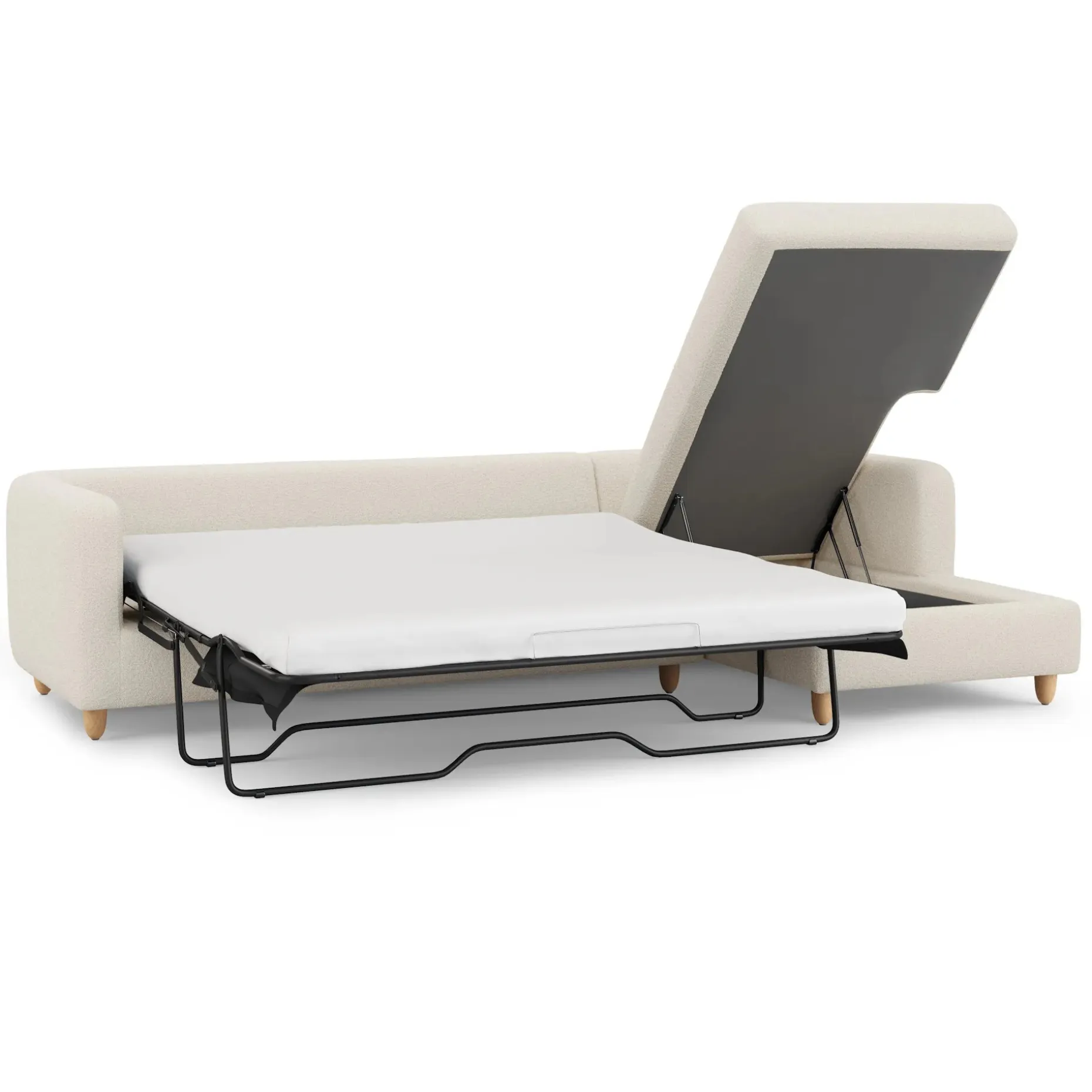 Vati 114" Right Storage Sleeper Sectional - Natural Oak and Ivory Wool Bouclé