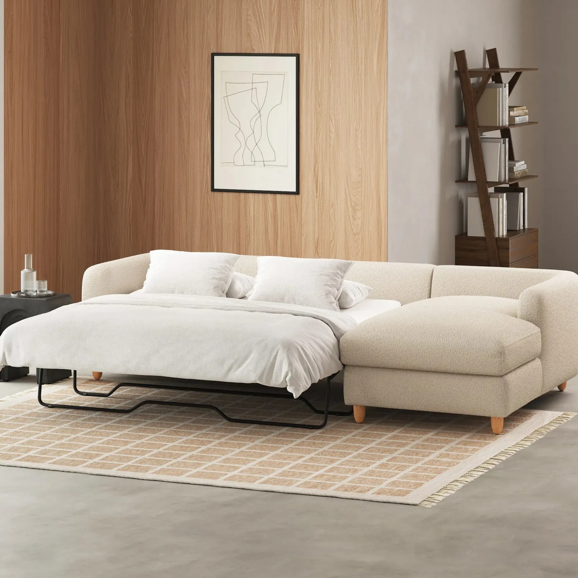 Vati 114" Right Storage Sleeper Sectional - Natural Oak and Ivory Wool Bouclé