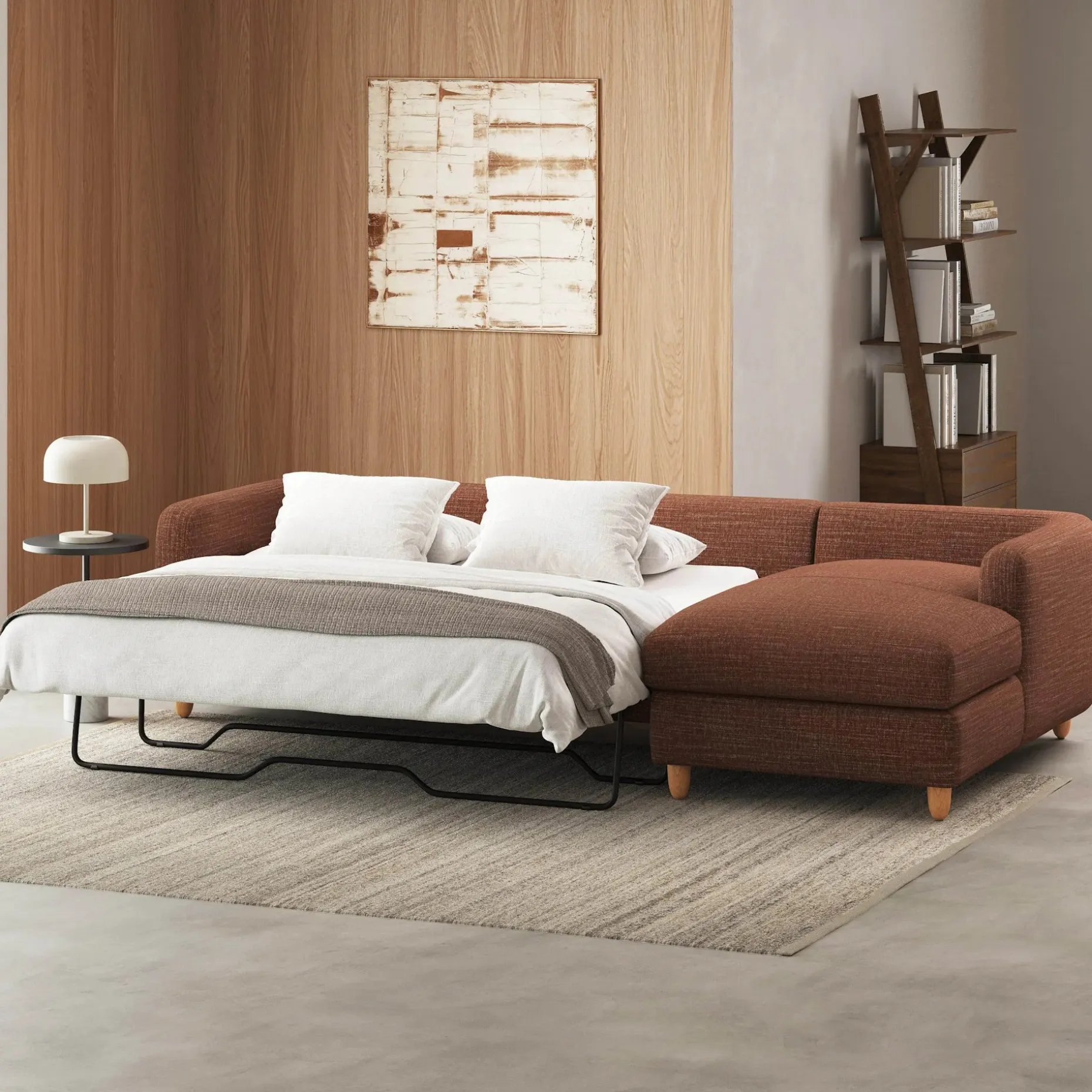 Vati 114" Right Storage Sleeper Sectional - Natural Oak and Napa Rust
