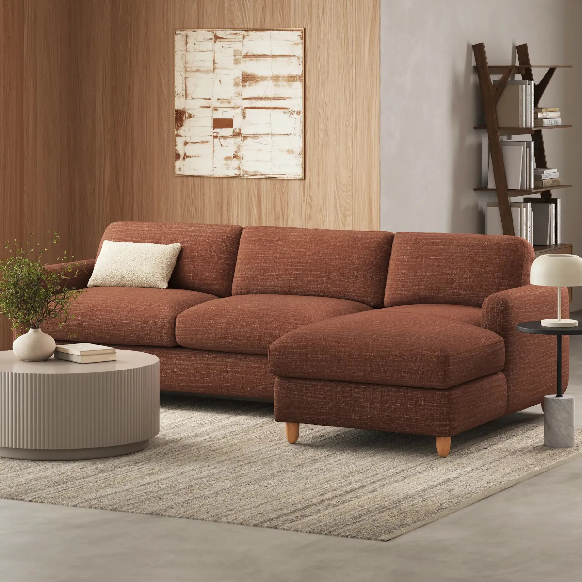 Vati 114" Right Storage Sleeper Sectional - Natural Oak and Napa Rust