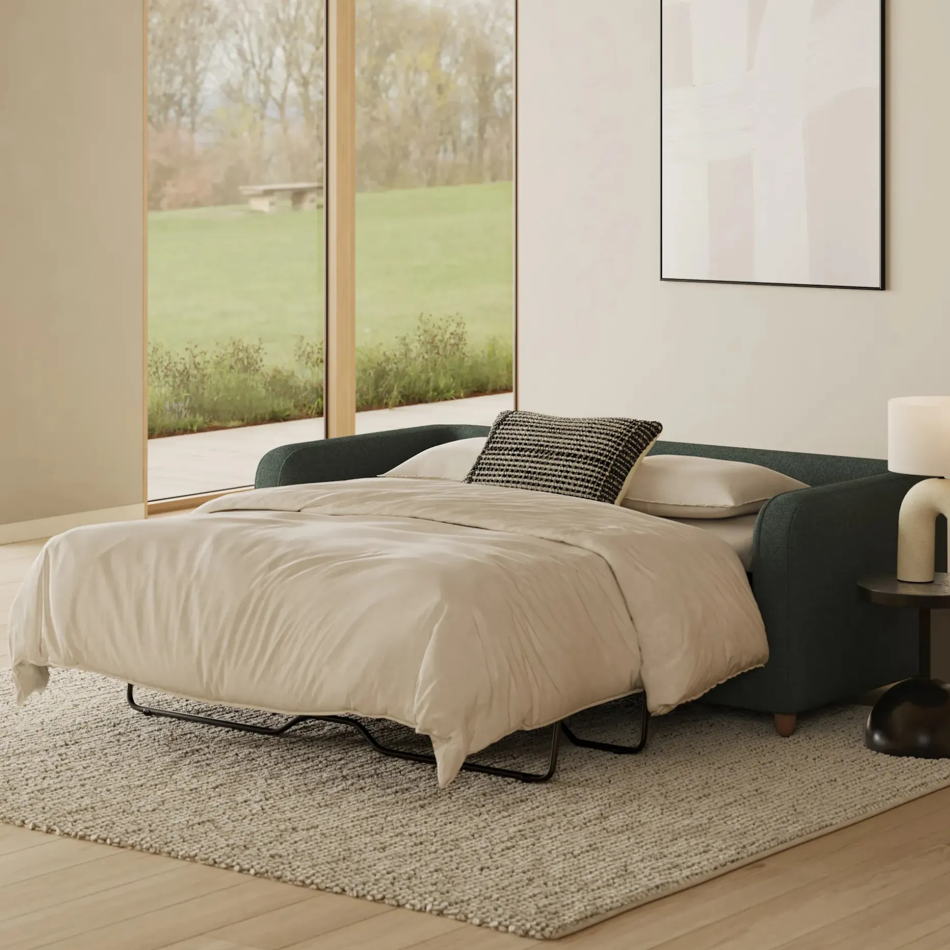 Vati 80" Sofa Bed - Natural Oak and Green Wool Bouclé