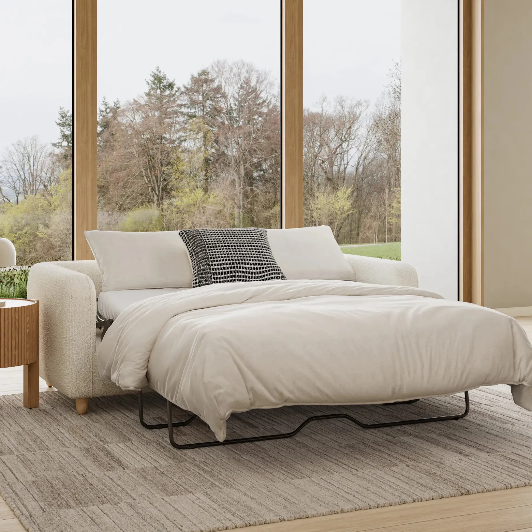 Vati 80" Sofa Bed - Natural Oak and Ivory Wool Bouclé