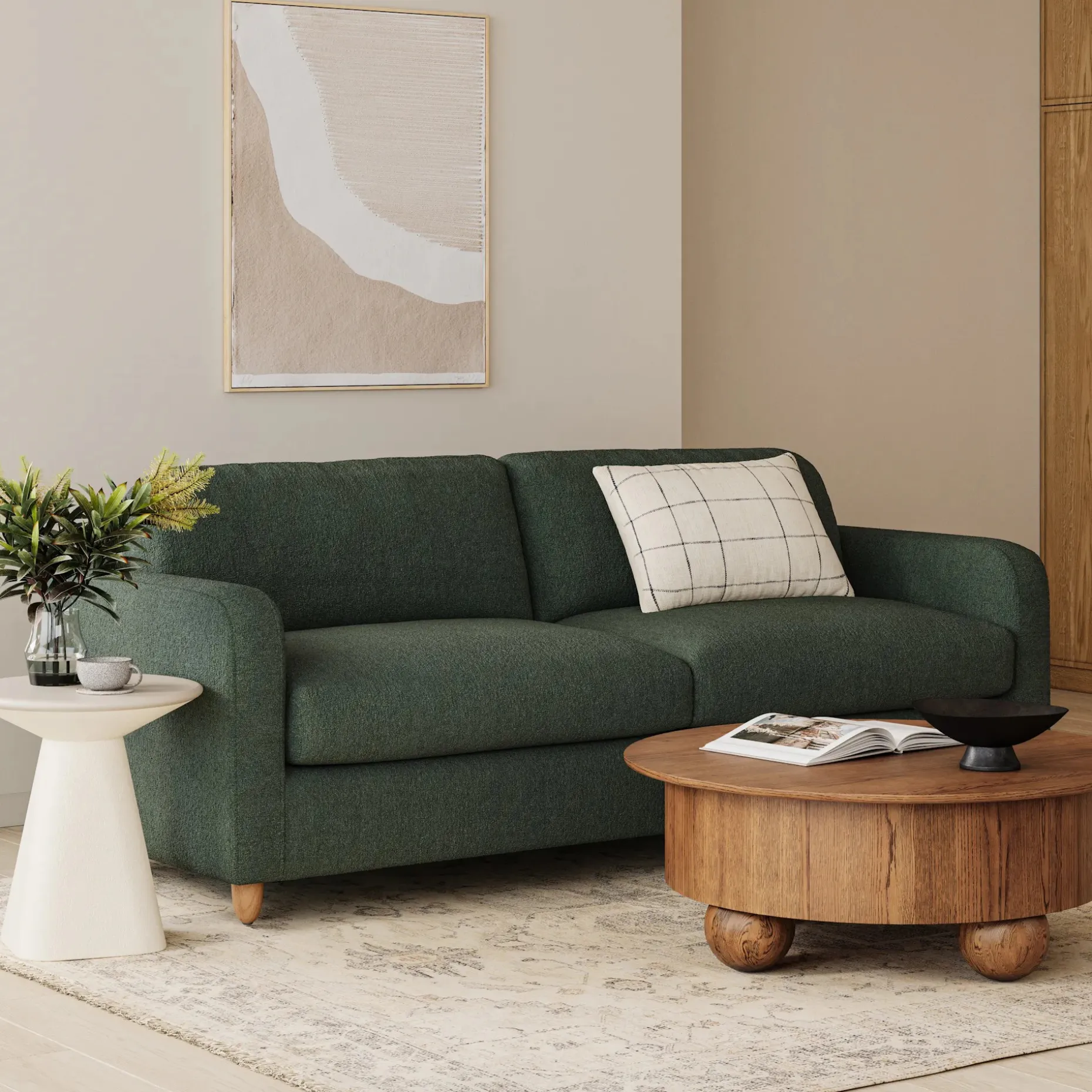 Vati 92" Sofa - Natural Oak and Green Wool Bouclé