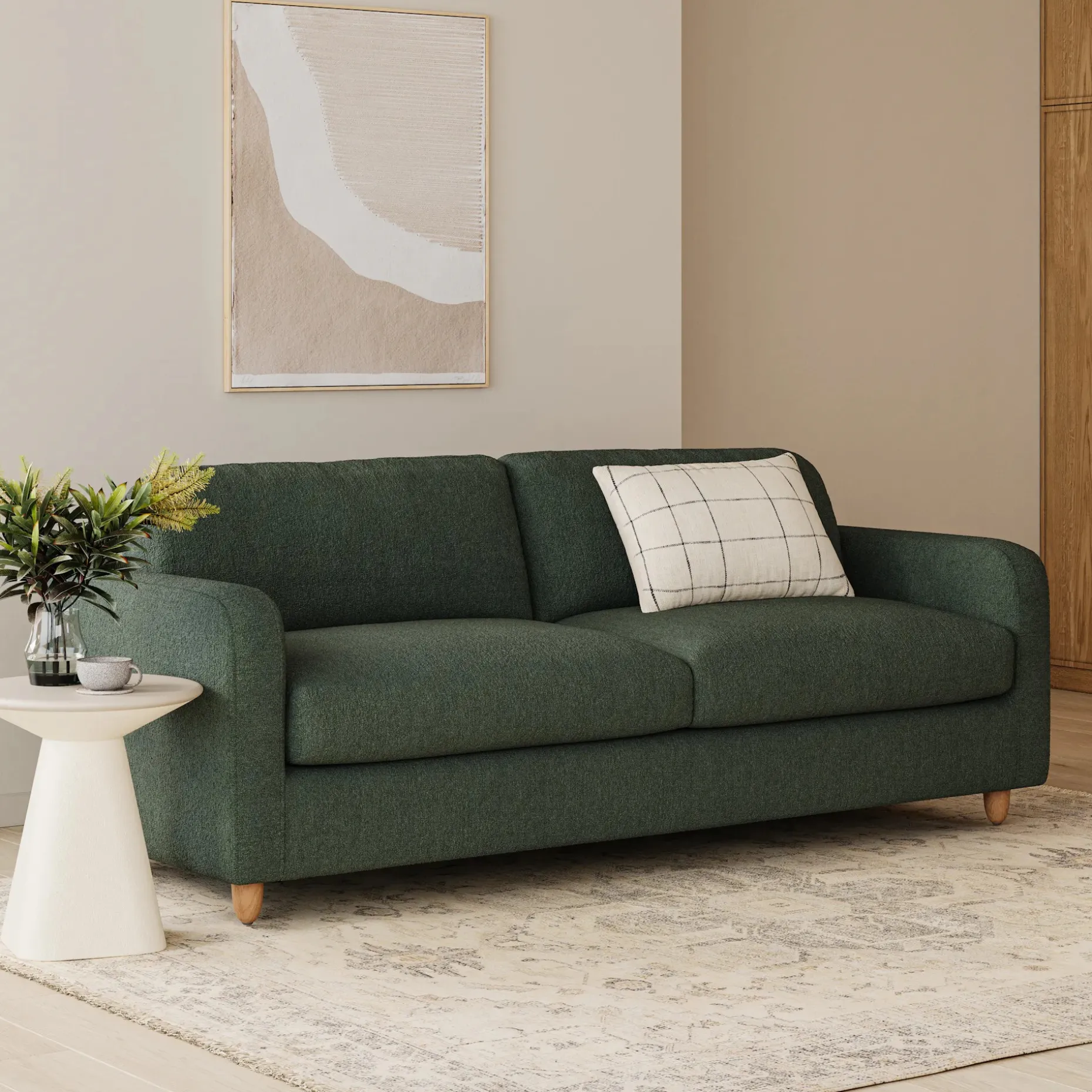 Vati 92" Sofa - Natural Oak and Green Wool Bouclé
