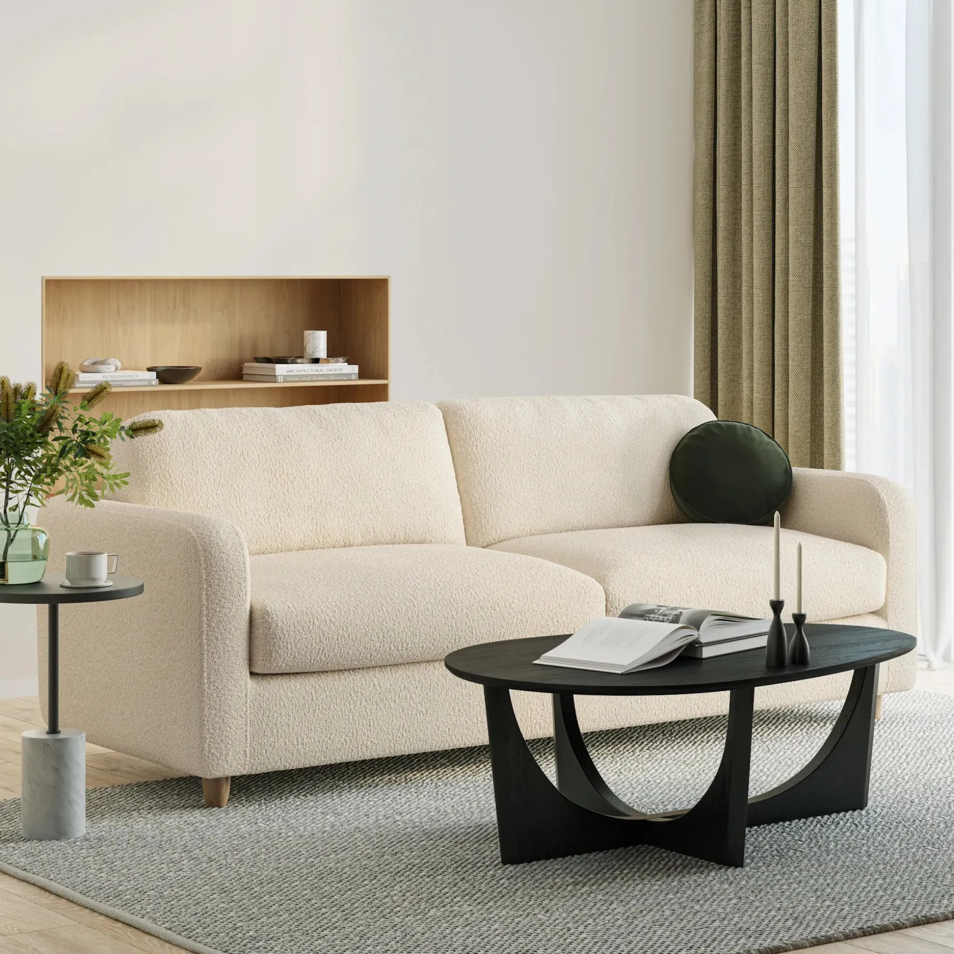 Vati 92" Sofa - Natural Oak and Ivory Wool Bouclé