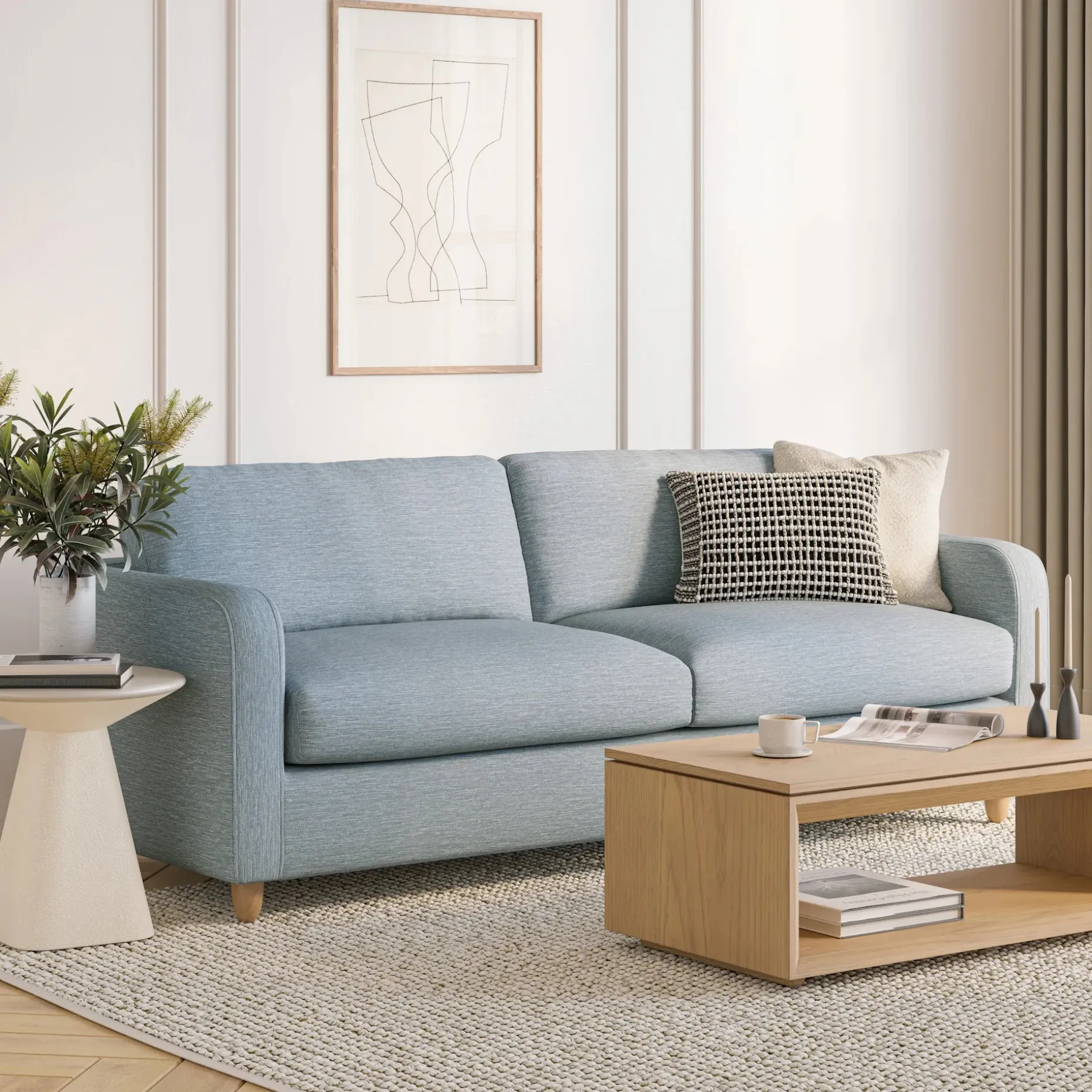 Vati 92" Sofa - Natural Oak and Silver Light Blue