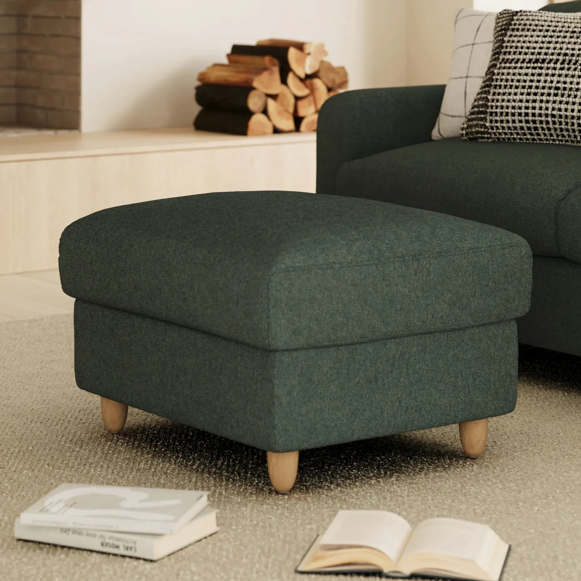 Vati 33" Storage Ottoman - Natural Oak and Green Wool Bouclé