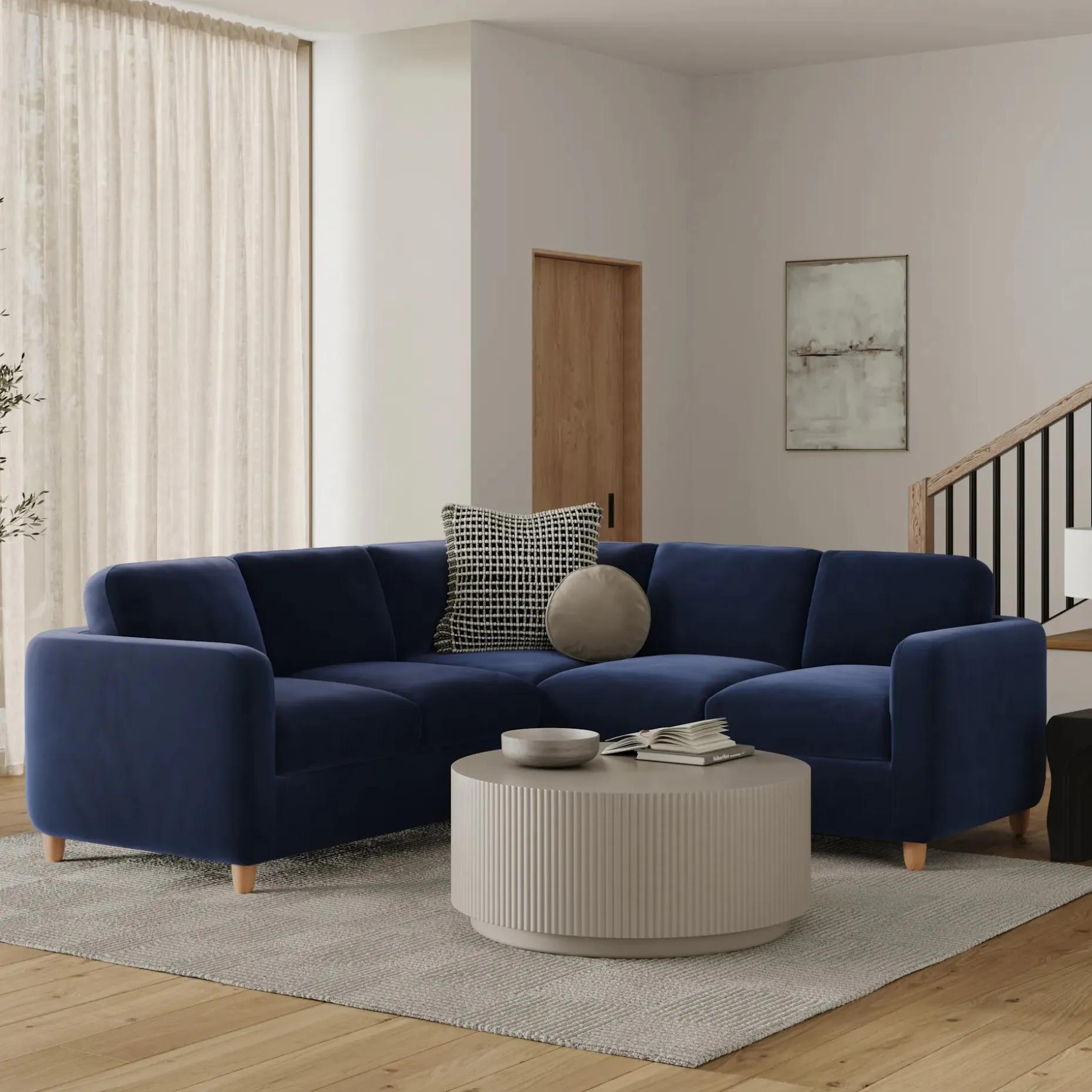 Vati 92" Velvet Corner Sectional - Natural Oak and Hale Ink