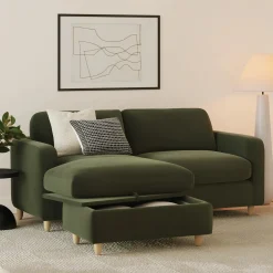 Vati 80" Velvet Left Storage Sectional - Natural Oak and Hale Fir Green