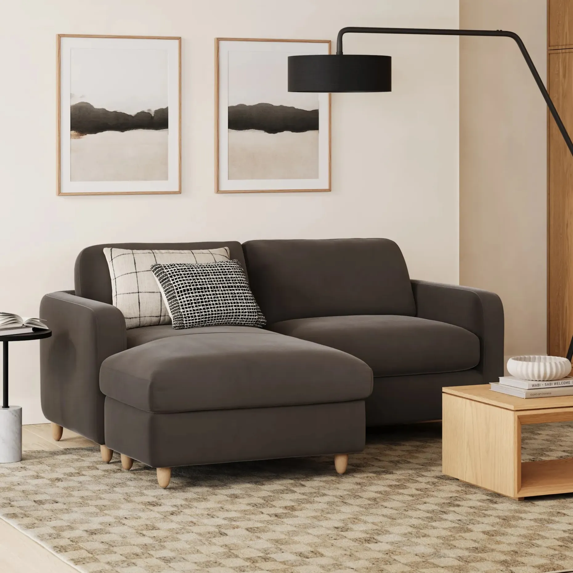 Vati 80" Velvet Left Storage Sectional - Natural Oak and Hale Warm Gray