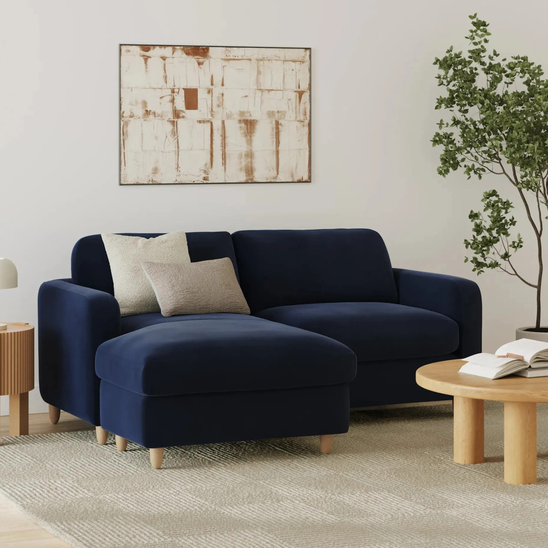 Vati 80" Velvet Left Storage Sectional - Natural Oak and Hale Ink