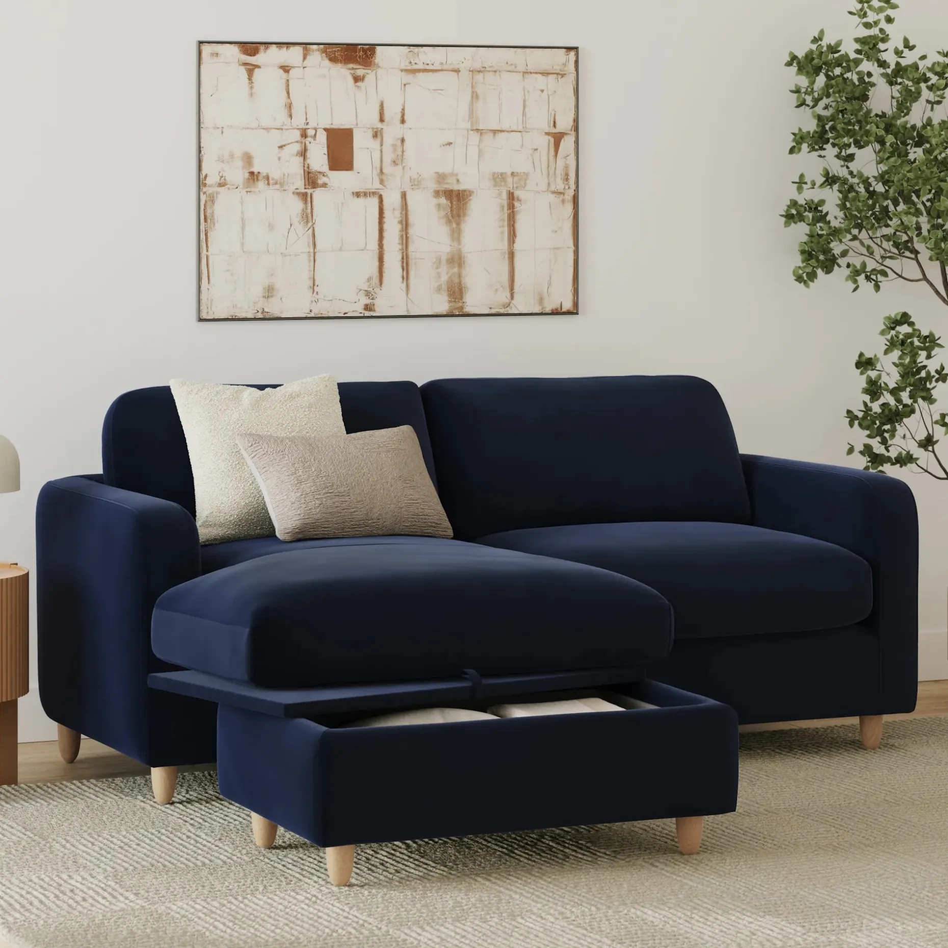 Vati 80" Velvet Left Storage Sectional - Natural Oak and Hale Ink