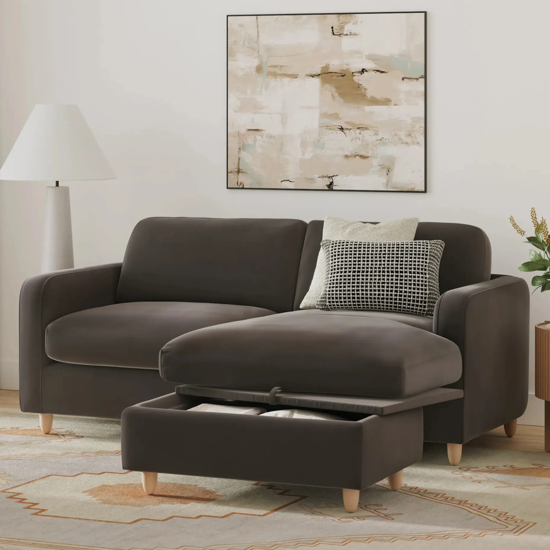 Vati 80" Velvet Right Storage Sectional - Natural Oak and Hale Warm Gray