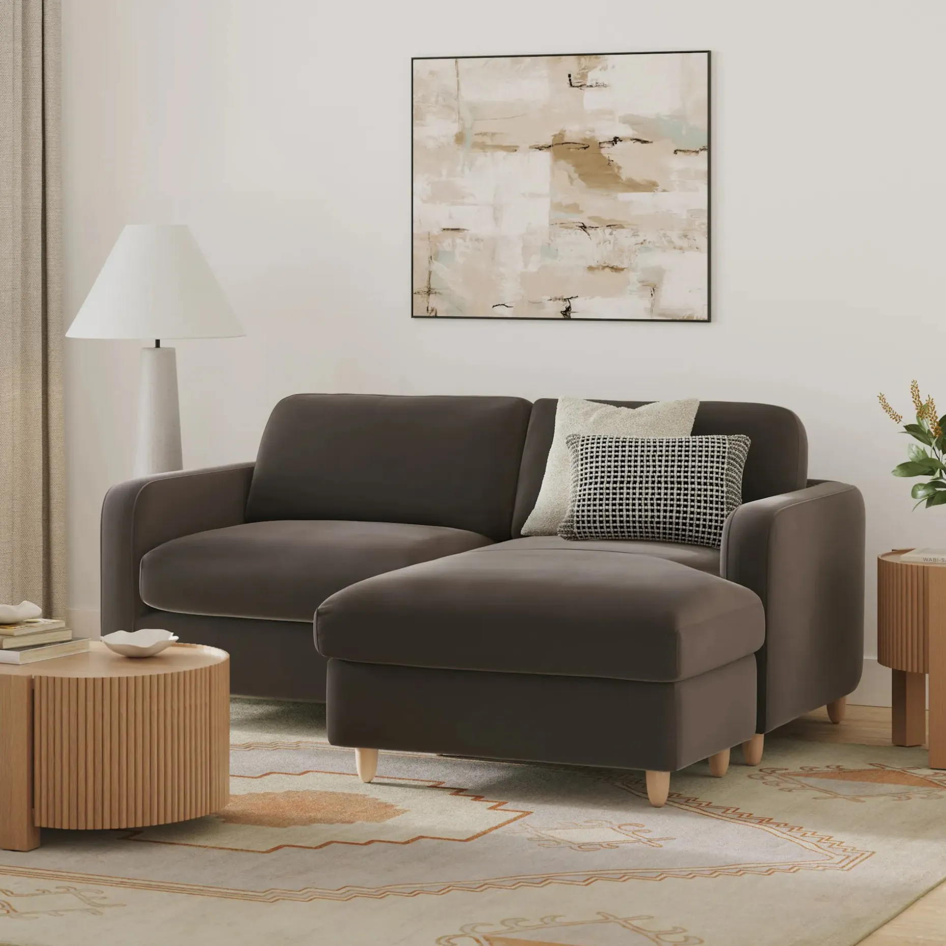 Vati 80" Velvet Right Storage Sectional - Natural Oak and Hale Warm Gray