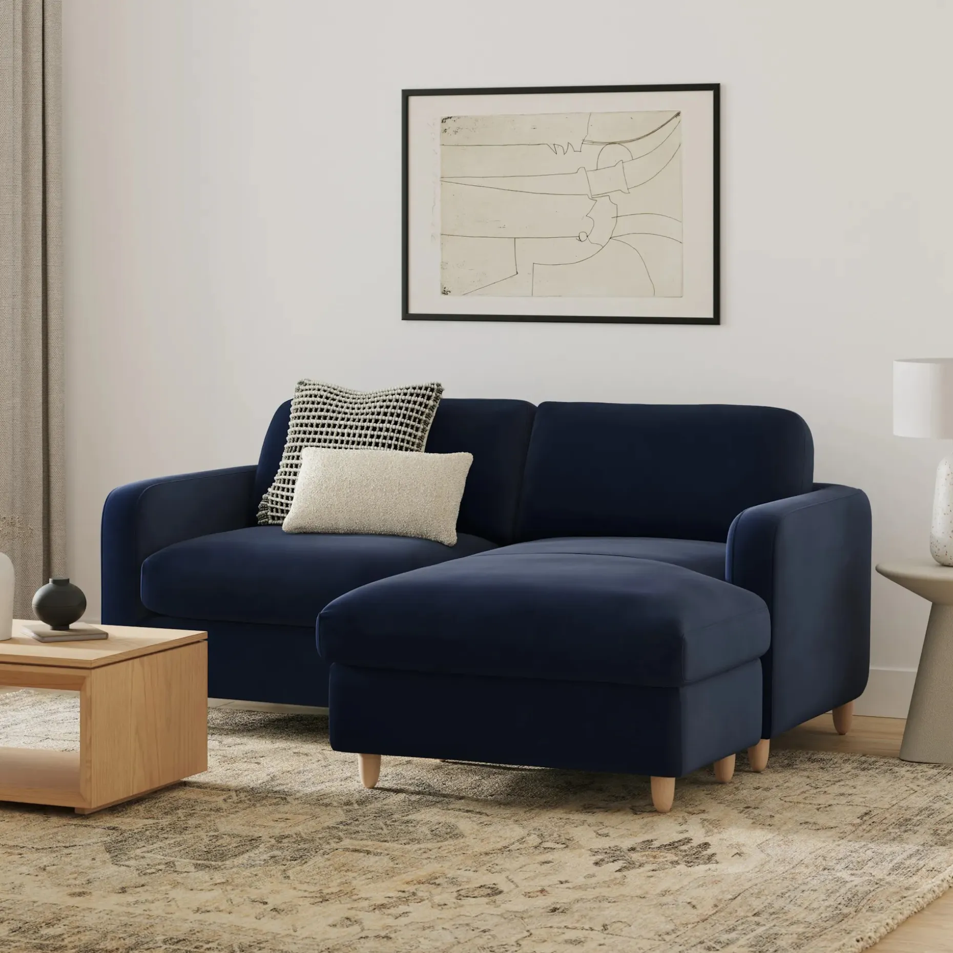 Vati 80" Velvet Right Storage Sectional - Natural Oak and Hale Ink