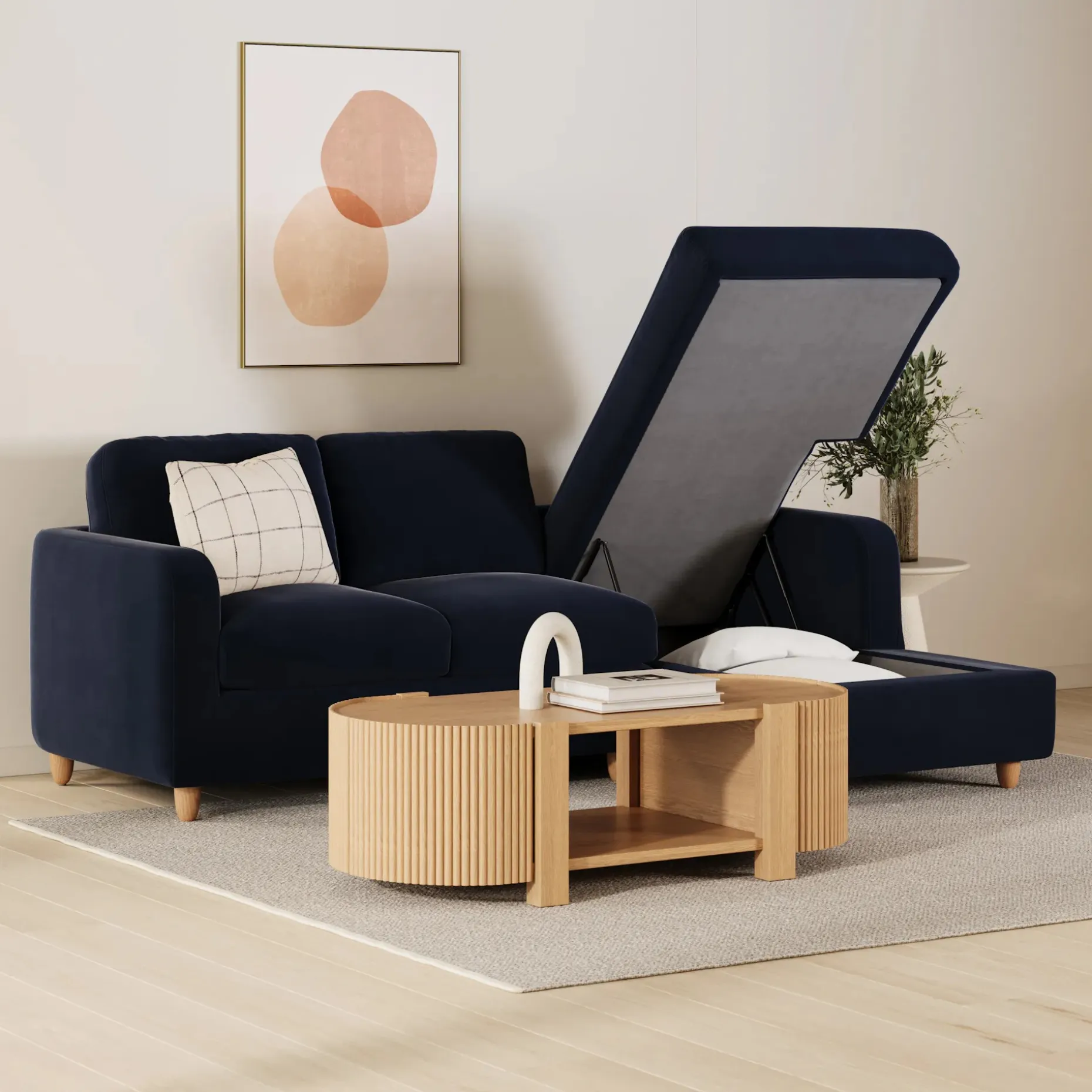 Vati 90.5" Velvet Right Storage Sectional - Natural Oak and Hale Ink