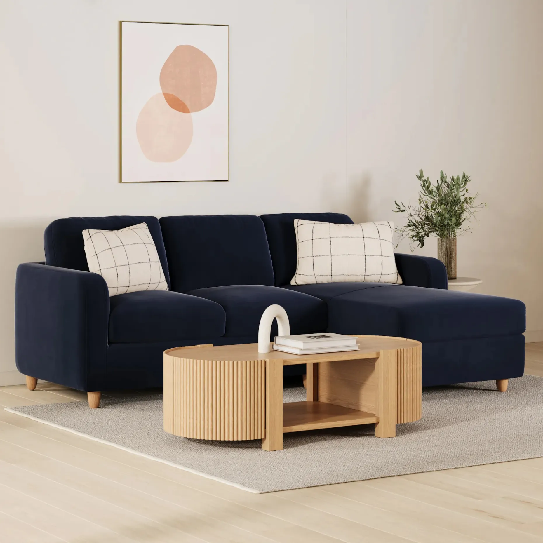 Vati 90.5" Velvet Right Storage Sectional - Natural Oak and Hale Ink