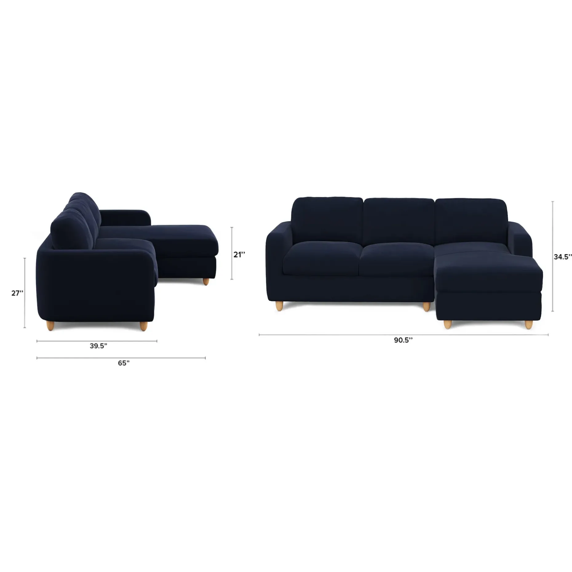 Vati 90.5" Velvet Right Storage Sectional - Natural Oak and Hale Ink