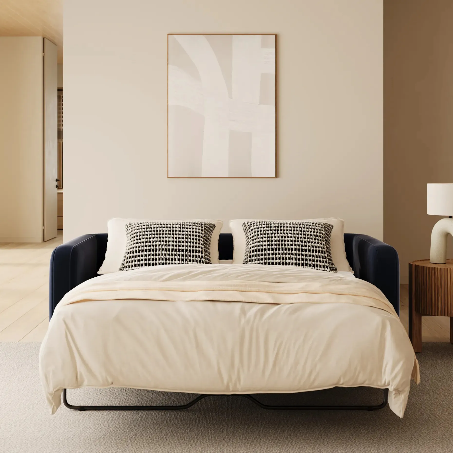 Vati 80" Velvet Sofa Bed - Natural Oak and Hale Ink