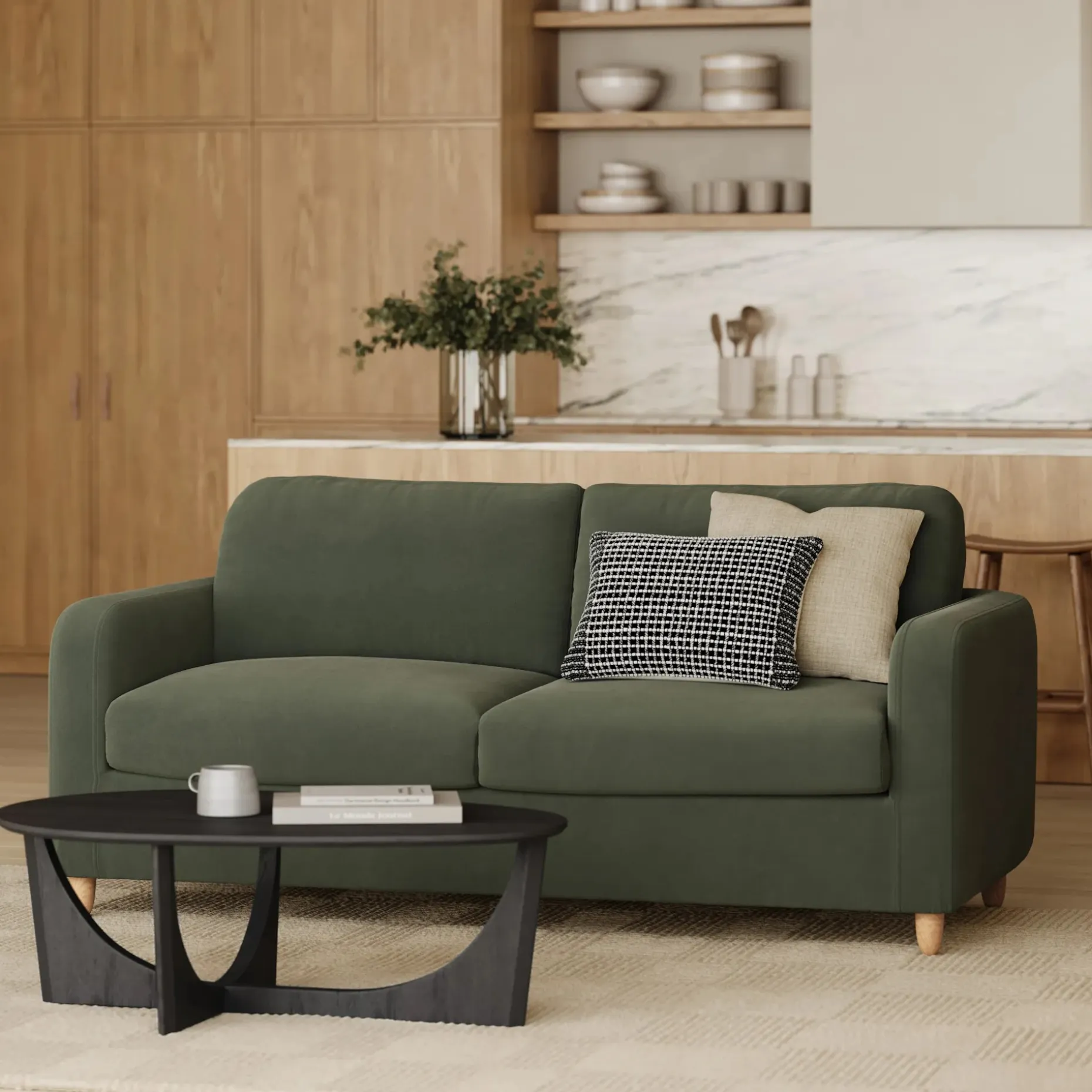 Vati 80" Velvet Sofa Bed - Natural Oak and Hale Fir Green