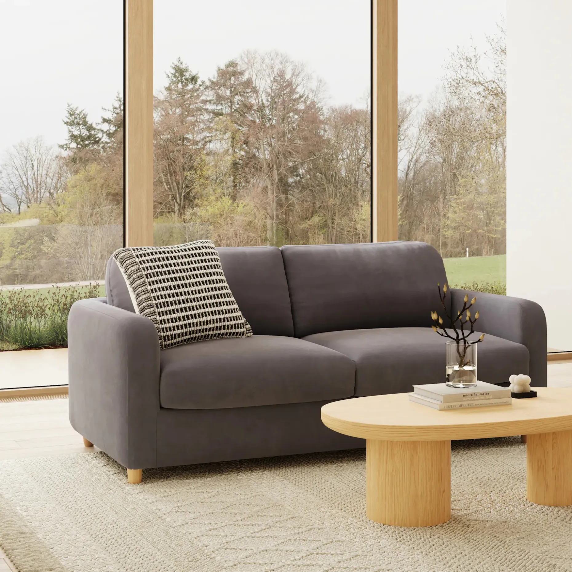 Vati 80" Velvet Sofa Bed - Natural Oak and Hale Warm Gray