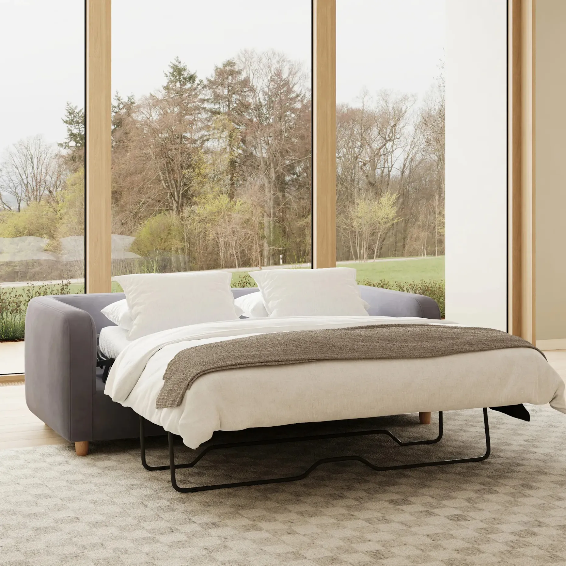 Vati 80" Velvet Sofa Bed - Natural Oak and Hale Warm Gray