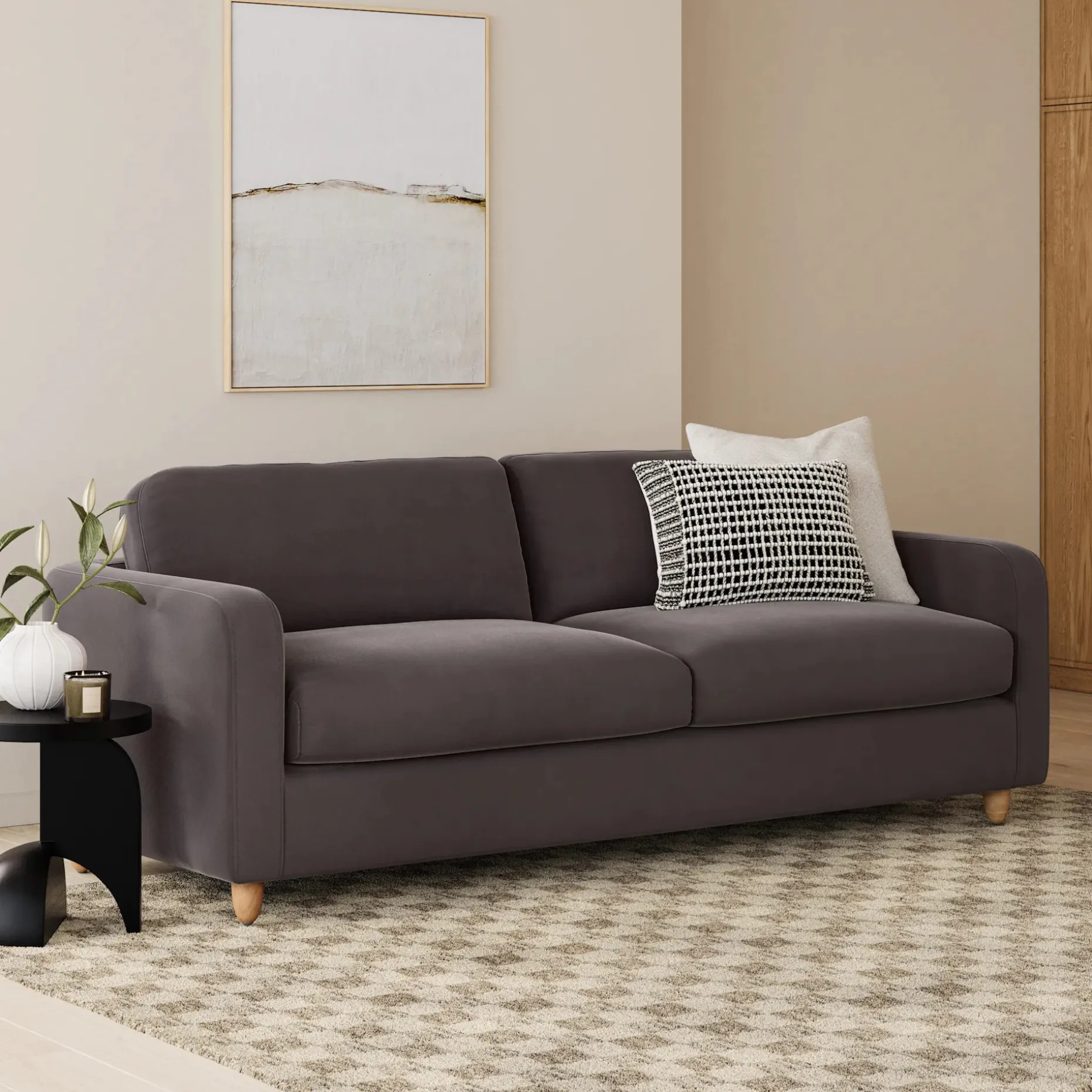 Vati 92" Velvet Sofa - Natural Oak and Hale Warm Gray