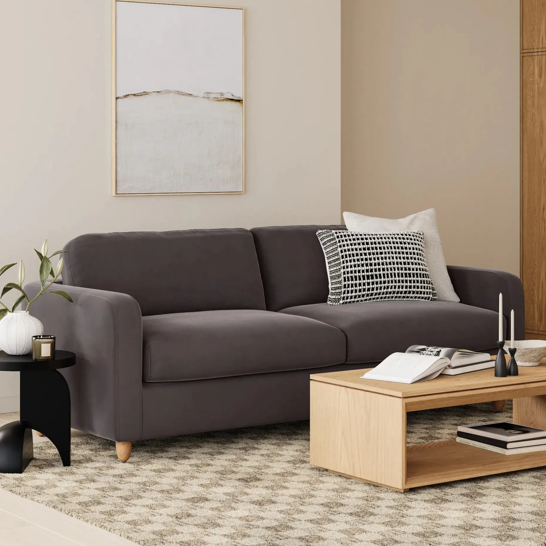 Vati 92" Velvet Sofa - Natural Oak and Hale Warm Gray