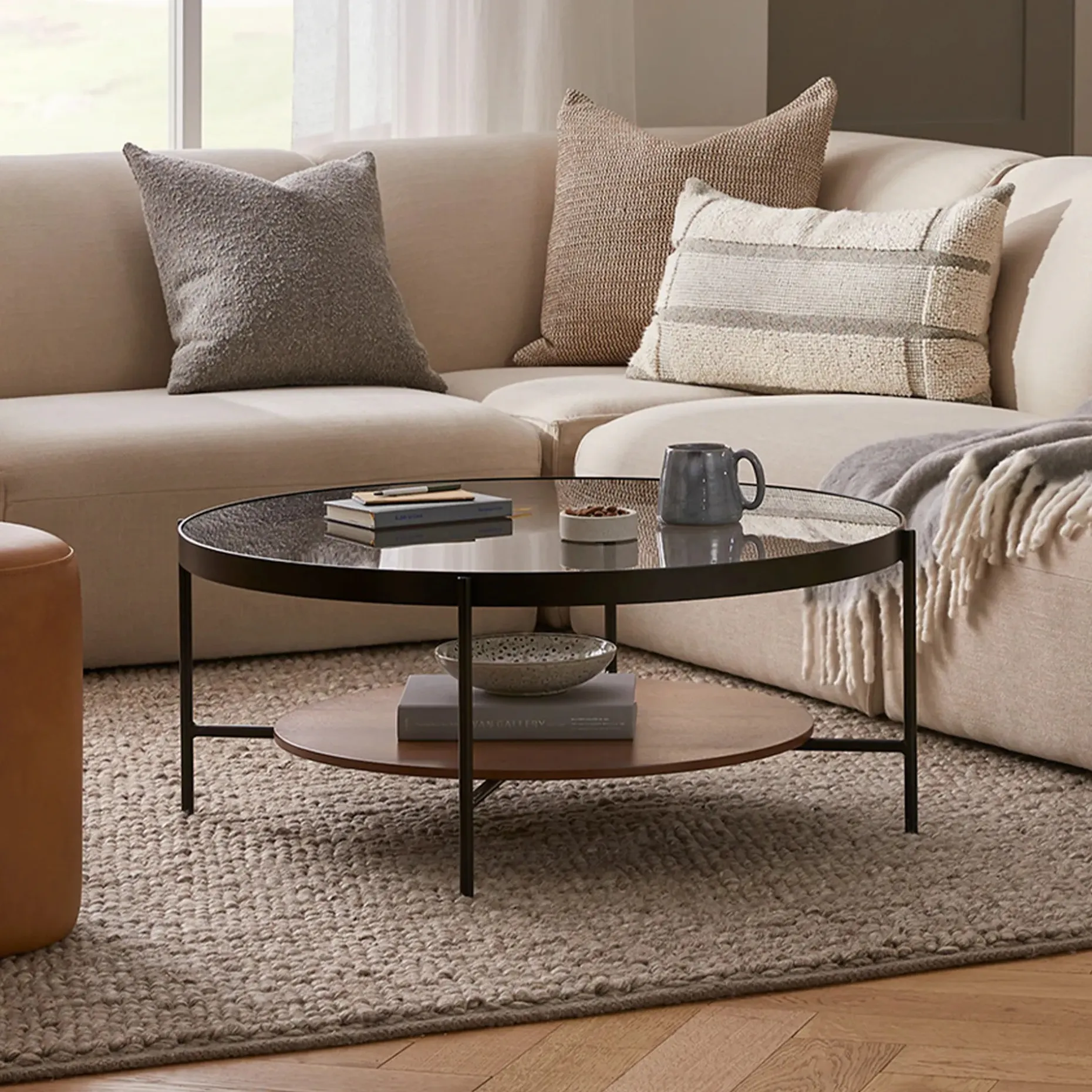 Vitri 36.5" Glass Coffee Table - Walnut