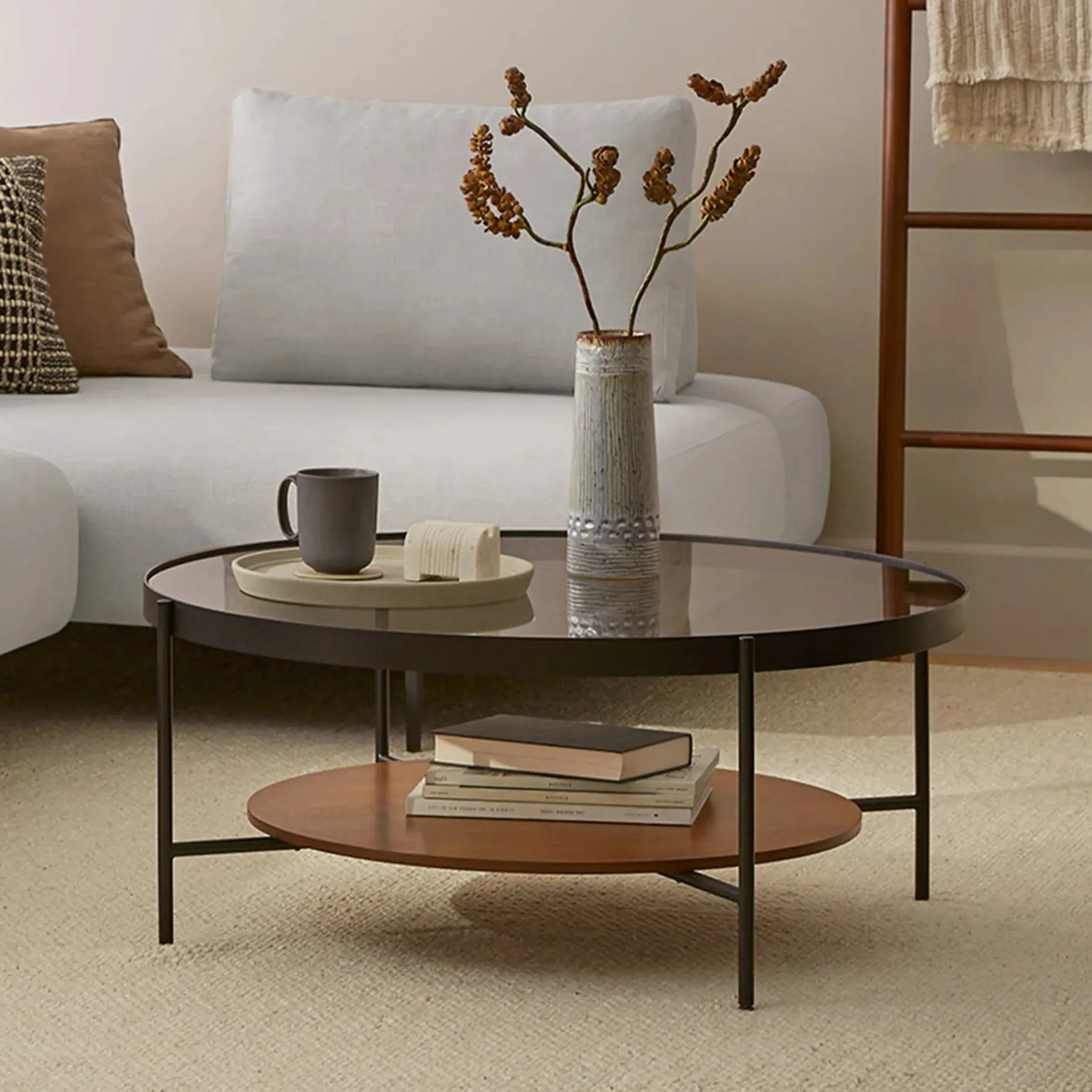 Vitri 36.5" Glass Coffee Table - Walnut