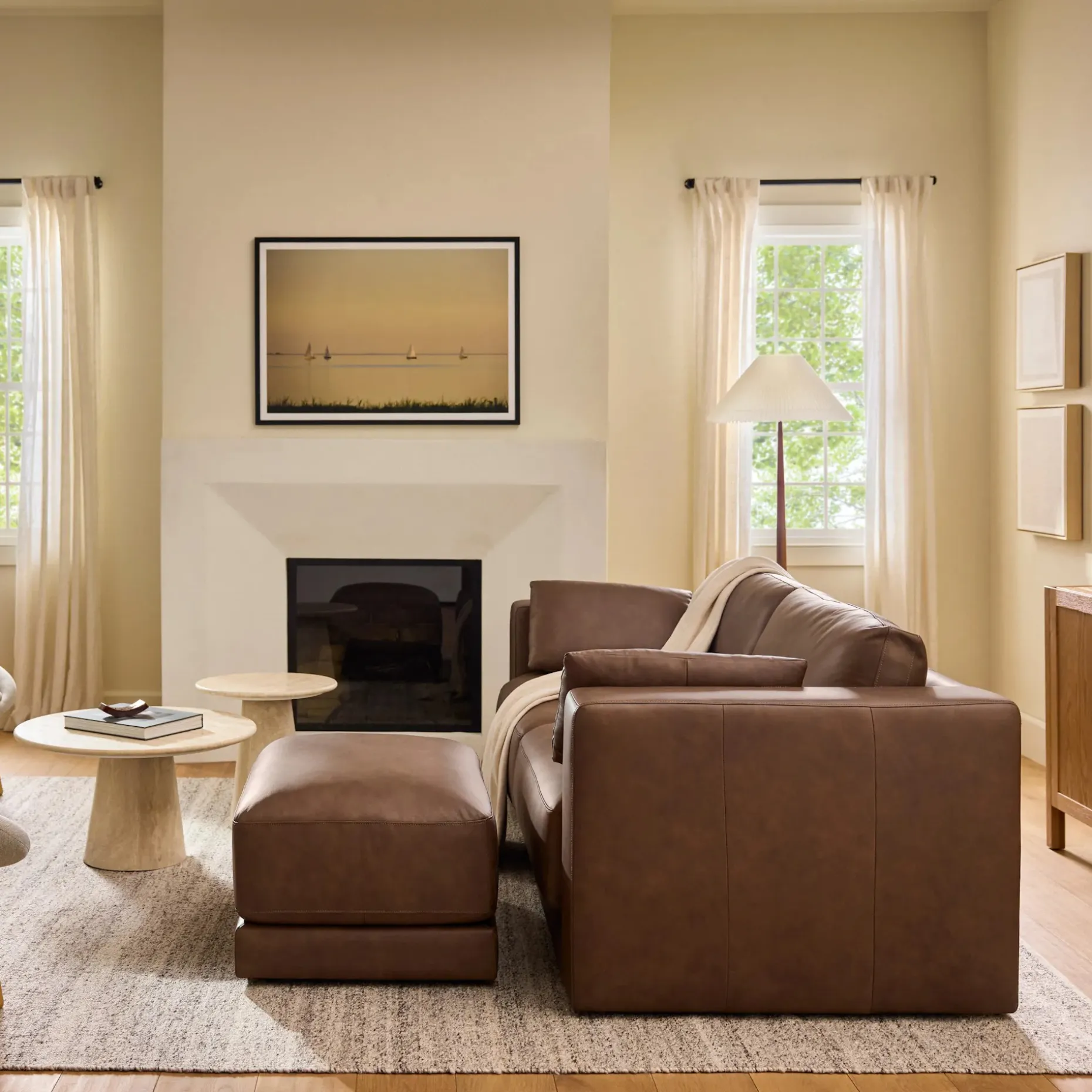 Whitmore 33" Leather Ottoman - Lucia Brown
