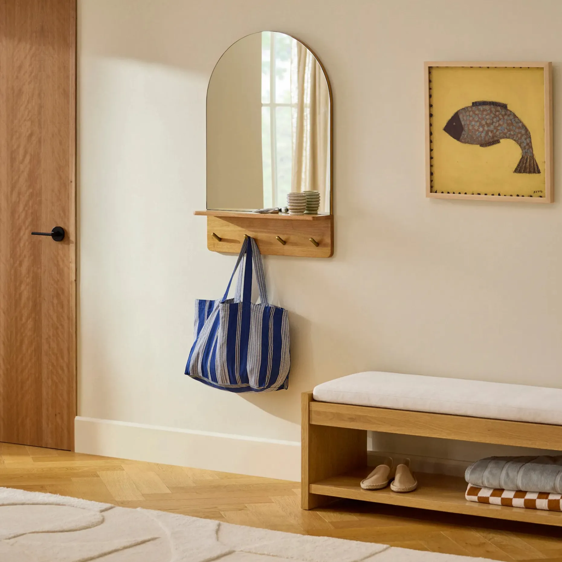 Williams 24" Shelf, Coat Rack, and Mirror - Brass and Oak