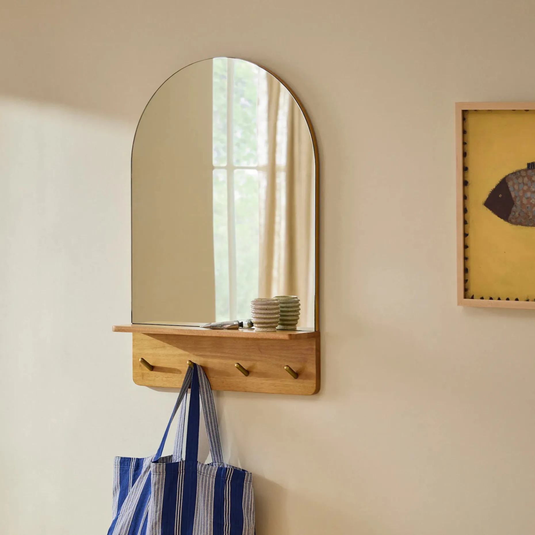 Williams 24" Shelf, Coat Rack, and Mirror - Brass and Oak