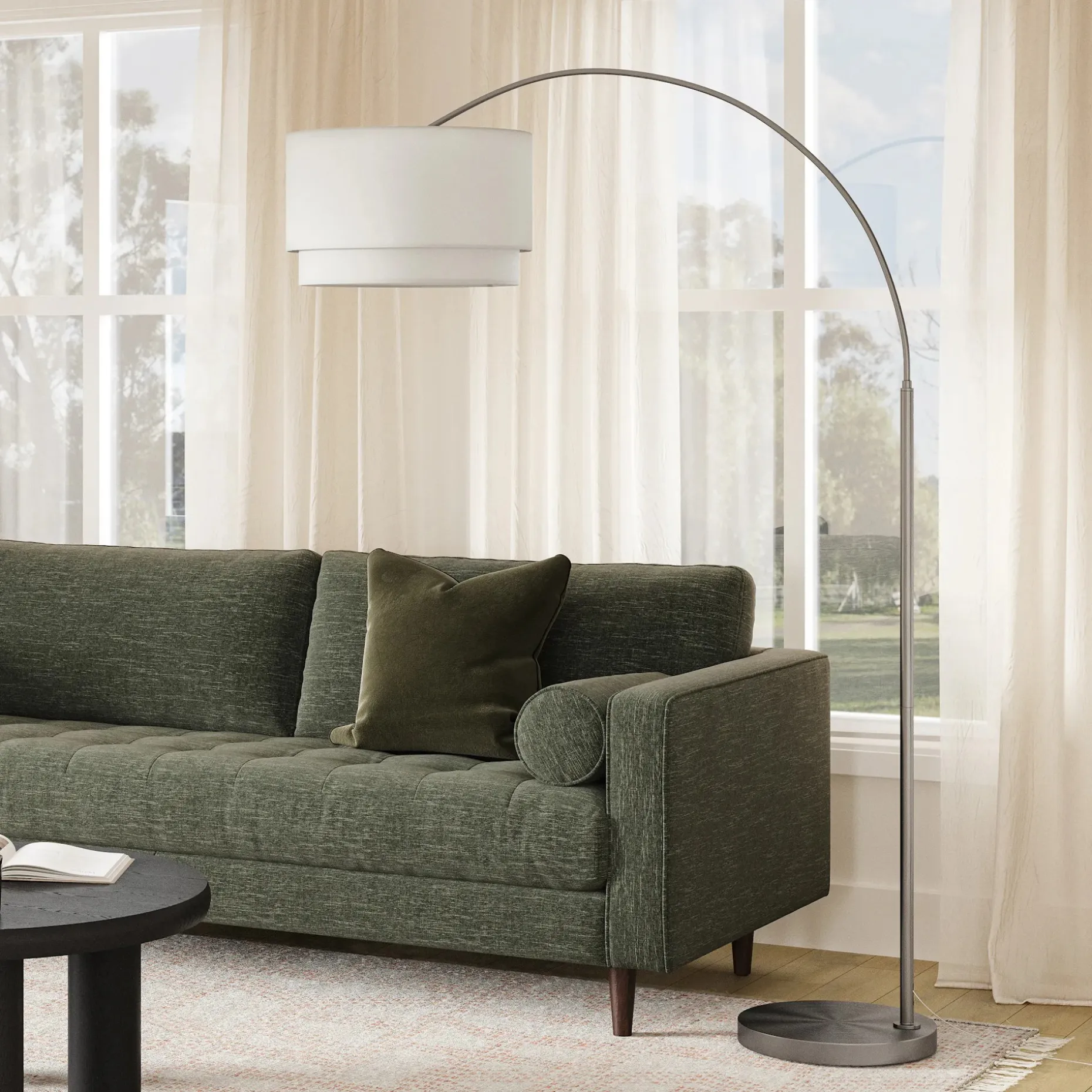 Zebu Large Linen Floor Lamp - Brushed Nickel